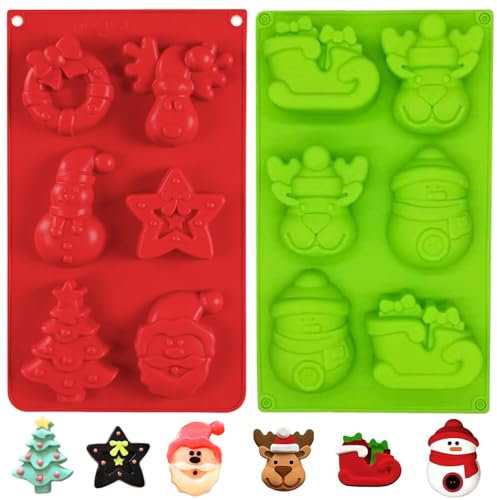 YJDM Christmas Silicone Molds, 2 Pack Large 6 Cavities Elk Sleigh Snowman Shapes Cake Moulds Soap Candy Chocolate Muffin Jelly Trays Baking Molds for Xmas New Year Cake Decoration