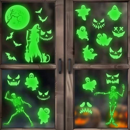 4 Bögen Halloween-Leuchtaufkleber, Dekorative Halloween-Fensteraufkleber Leuchtend Skelett Geist Hexe Mond Gruselige, im Dunkeln Leuchtende Fensteraufkleber Süße Halloween-Heimdekoration