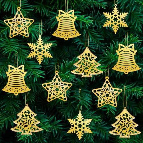 Kiiwah 40 Piezas Adornos Arbol Navidad Metal Oro, Ornamentos Navidad con Cuerda Colgantes Arbol Vintage Adornos Decoracion Hogar