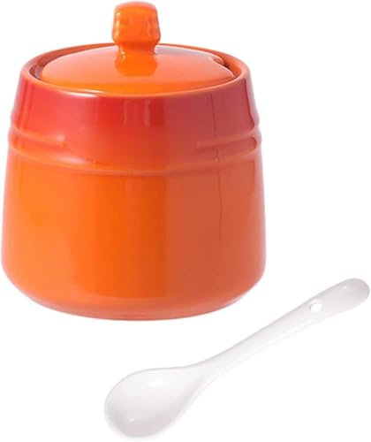 AIXILAN Pot à sucre en céramique, 1 pot à sucre en céramique dégradé français avec couvercle, sucrier solide avec cuillère, pot à épices en porcelaine(Orange)