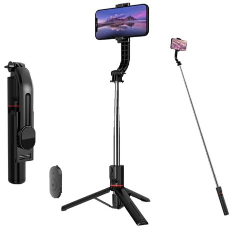 Bastone per selfie con treppiede, estensibile di 113 cm, ruotabile a 360°, con telecomando e supporto per cellulare staccabile, ultraleggero e portatile, compatibile con iPhone, Samsung e smartphone A