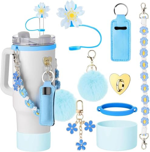 TJYAEKLTD Cup Accessories for Stanley Cup, 8Pcs Including Water Bottle Handle Strap, Silicone Straw Cover, Boot, Keychain Charms (Blue)