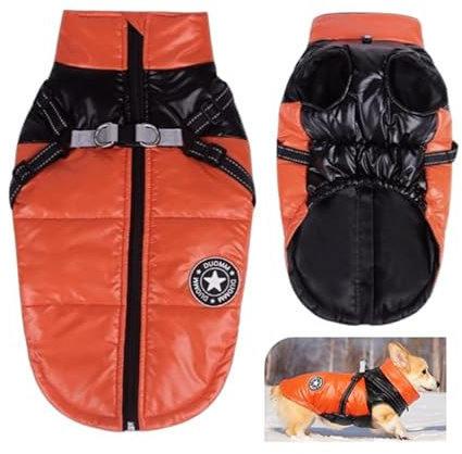 Hundemantel für Kleine Hunde, Wasserdicht Hundejacke Winter, Wintermantel mit Geschirr und Reflektor(Orange/Schwarz L)