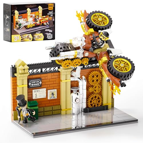 FUNWHOLE Steampunk Motorrad Verfolgungsjagd Beleuchtung Bauklötze Set – Fliegendes Motorrad Spielzeug 424 Teile Sammlung Display Set für Erwachsene und Steampunk-Fans