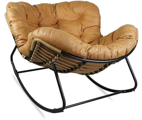 CCLIFE Schaukelstuhl Schaukelsessel Rattan Extra groß Wohnzimmer Relaxstuhl Belastbarkeit Bis 150kg Hellbraun,CushHom