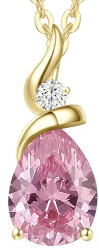 FANCIME Solide 14 Karat 585 Gelb Gold Anhänger Kette mit Tropfen Rosa Turmalin und echt Diamant Geschenk Schmuck für Damen, 925 Silber Kette: 40 + 5 cm