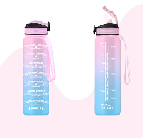 THE STEEL BOTTLE - Borraccia motivazionale sportiva palestra 1 Litro con livelli e indicatore del tempo, cannuccia e fasce orarie - BPA e Phthalate Free - chiusura ermetica (Ice Blue & Pink)