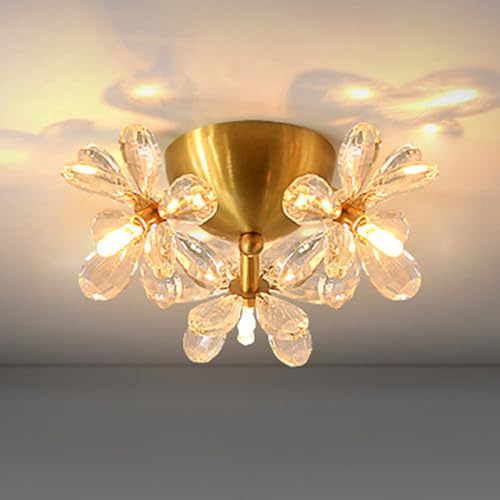 TRIVIDHA Gold Kristall Deckenleuchte Messing Anti-Rost Deckenleuchte LED Kronleuchter Blume Form Kristall Semi Flush Mount Deckenleuchte für Wohnzimmer Schlafzimmer Flur Tür Küche