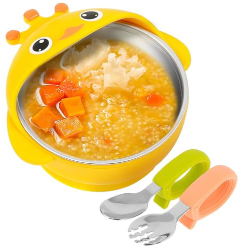 KTCINA Baby Bowl with Suction Stainless Steel Toddler Bowls Baby Feeding Bowls with Fork and Spoon Removable Toddler Suction Bowl Dishwasher Safe Infant Feeding Plate for Toddlers Boys Girls(Yellow)