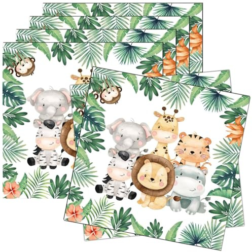 Ezydka 60 Stücke Dschungel Servietten 33x33 cm Tiere Servietten Kindergeburtstag Junge Papierserviette schungel,Party Motiv Tiere für Kindergeburtstag Party Deko