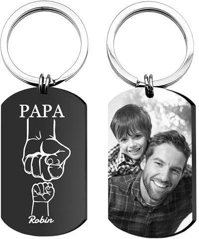 Easycosy Schlüsselanhänger Personalisiert mit Foto & Text, Edelstahl Dog Tag mit deutlichem Gravur & Diverse Designs - Vatertagsgeschenk für Papa Opa personalisiert Männertag Geschenke Herrentag