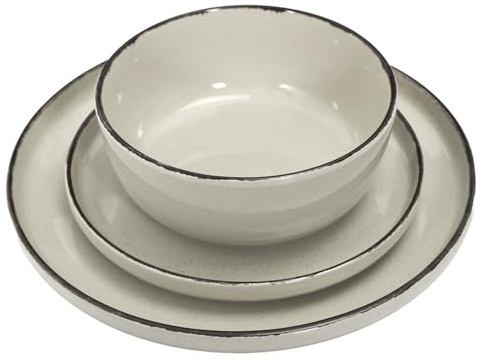 HowHomely Lot de 12 assiettes – Assiettes plates et assiettes décoratives en céramique beige – Vaisselle bohème pour table à manger, cuisine, dîner, invités et service élégant
