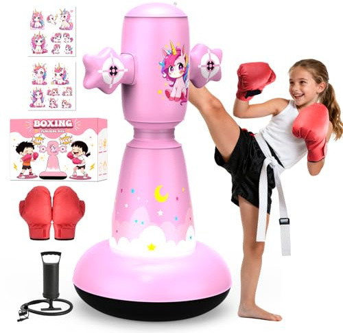 DIY Boxsack Kinder Stehend Spielzeug Alter 3-10, 147cm Aufblasbarer Boxsack mit 2 Zielen & Kinders-Boxhandschuhen,Pumpe,Punchingball Kinder für Weihnachts-Oder Geburtstagsgeschenk für Jungen & Mädchen