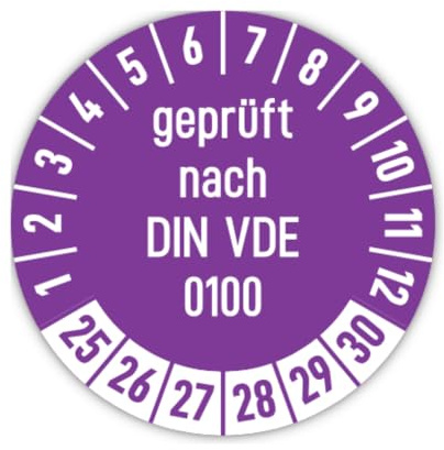 Aufkleber: ⌀ 30 mm, 15 Stück, violett, Mehrjahresprüfplakette, 2025, 2026, 2027, 2028, 2029, 2030, Hochleistungsfolie, Sprache: deutsch, Text: geprüft nach DIN VDE 0100