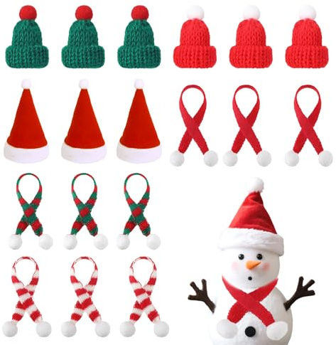18 Pcs Mini Christmas Hat and Scarf Set, for Table Decor, Snowman Decoration, DIY Craft Art, Doll Accessory, Gift, Party, Mini Knit Hats with Tree Ornaments, Santa Claus Cap, Bottle Cap Decoration
