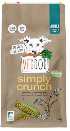 VEGDOG Simply Crunch Nourriture sèche hypoallergénique (10 kg) | Chiens adultes | Sans gluten ni soja, bien toléré, faible en purine | Aliment complet pour les personnes allergiques avec protéines de