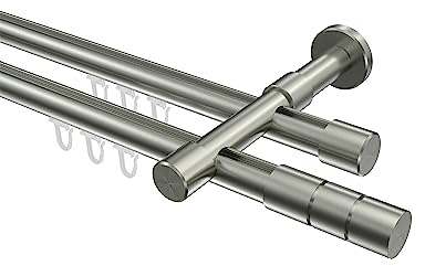 INTERDECO Innenlauf-Gardinenstange 20 mm 2-läufig, moderne Innenlaufstange aus Metall, Edelstahl-Optik, zur Wandmontage, Typ 10213826, 220 cm