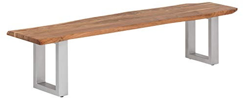Woodkings Holzbank Bullwer 160x40 I Sitzbank aus Massivholz Akazie I mit Baumkante I Metall Beine Edelstahloptik I rustikal I Bank I Esszimmer Möbel