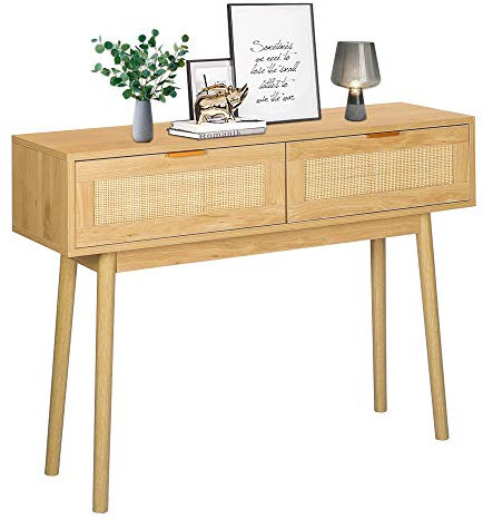 LAZZO 99,1 cm Konsolentisch, Eichenmaserung, Sofatisch mit Holzrahmen, rustikaler Flurtisch mit 2 Schubladen aus Bambus, für Foyer, Wohnzimmer, Eingangsbereich