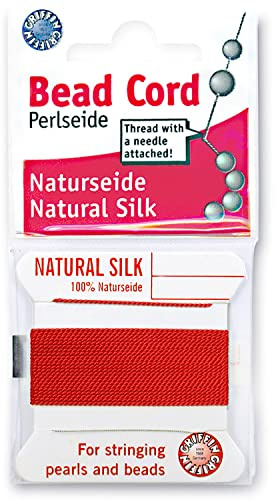 Griffin Silk Bead Cord Perlseide – Red Color – Size 3 (0.50mm) – 2 Meters per Card – Stainless Steel Needle Attached – for Knotting Pearls, Gemstones, Crystals and Beads