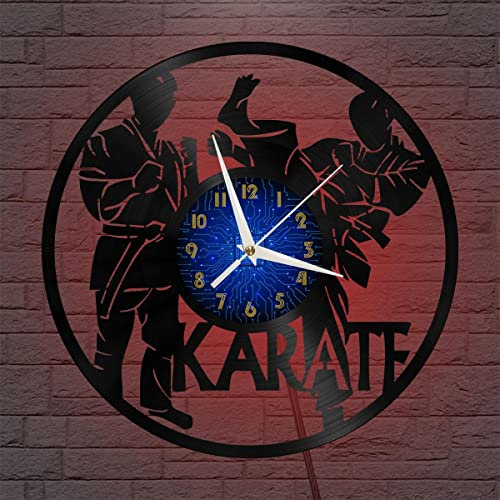 YHDE Orologio da parete in vinile per karate, orologio da parete in vinile silenzioso e senza ticchettio (B、Con luce a LED
