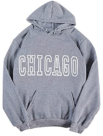 BSWFA Hoodie Damen Vintage Buchstabe Drucken Sweatshirt mit Kapuze Casual Langarm Kapuzenpullover Lässig Oberteile Frauen Langarmshirt mit Taschen (#01B-Grey, L)