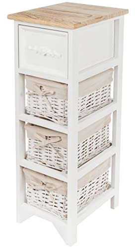 Spetebo Vintage Holz Kommode weiß mit 2 Rattan Körben - 62 x 32 cm - Standregal mit Schublade im Landhaus Stil - Badezimmer Wohnzimmer Regal