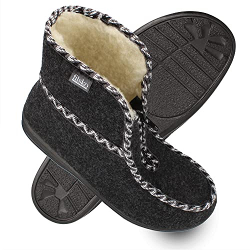 filsko® Medle - Winter Hausschuhe Damen - weiche Fütterung aus Schafwolle - rutschfeste Sohle - mit Reißverschluss - nie wieder kalte Füße - biegsame Schuhvorderkappe - grau/weiß - 36 bis 41 EU