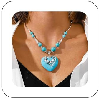Aneneiceera Boho Turquoise Large Heart Necklace Choker Vintage Ethnic Love Heart Pendant Necklaces Western Turquoise Beads Strand Necklaces Statement Blue Necklace Jewellery for Women