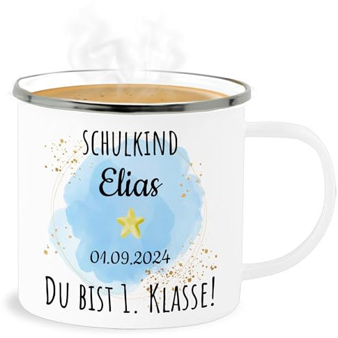 Emaille Becher Blechbecher - Einschulung Schulanfang Tasse - Schulkind - Du bist erste Klasse - 300 ml - Weiß Silber - 1.klasse 2023 schulanfänger jungen ich bin eingeschult tassen namenstasse