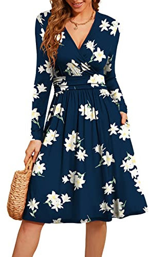 Actcat V-Ausschnitt Pullover Kleid Langarm Casual Kleider Herbst Kleid Floral Party Kleid mit Taschen herbstkleid damen winterkleider damen festliche kleider für damen weihnachtskleid YH Navy Lily XXL