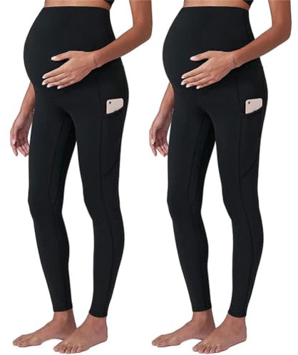 SUIUOI 2er Pack Damen Umstandsleggings, Blickdicht Schwangerschaft Leggings,Umstandsleggings mit Taschen High Waist Umstandshose Blickdichte Schwangerschaftsleggings Weich Elastisch Yoga Sport