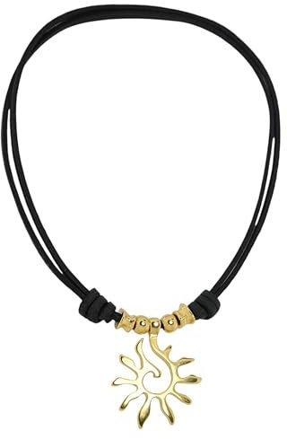 Beau Soleil Jewelry Lederkette Damen Halskette mit Anhänger Sonne längenverstellbar (Gold-Schwarz)