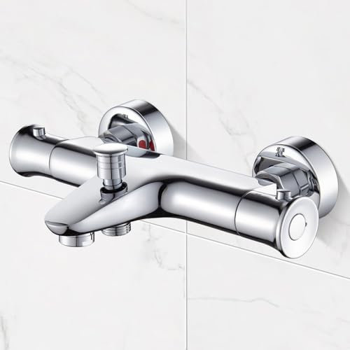 Namuoto Mitigeur Baignoire Thermostatique avec Bouton de SéCurité 38 °C, Mitigeur Thermostatique Bain et Douche en laiton, Robinet Thermostatique pour Baignoire, Chromé Moderne