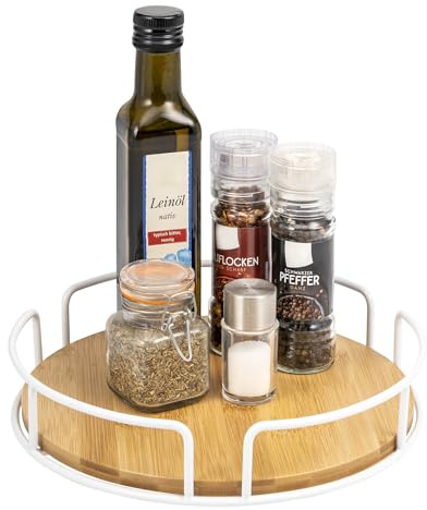 eluno Drehteller aus Metall mit Bambusboden Ø ca. 25 cm, drehbares Gewürzregal, Lazy Susan Schrankorganizer, Badorganizer (Weiß)