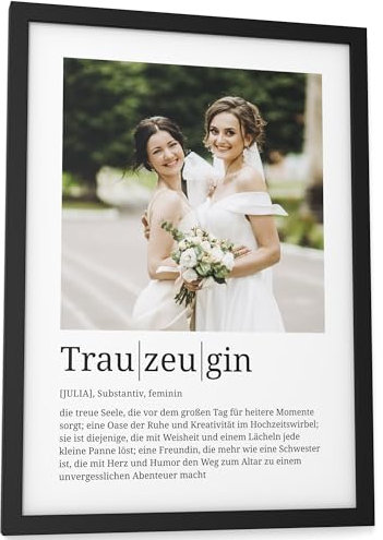 Papierschmiede® Personalisierte Geschenke Trauzeugin, Definition mit Foto in DIN A4 (21x30 cm) Rahmen wählbar fertig gerahmt, Geschenk Persönliches Bild Hochzeit Trauzeugen Bridesmaid Maid of Honor