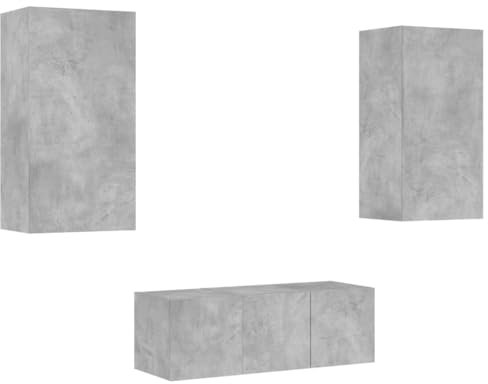 vidaXL Wohnwand 4-TLG., Schrankwand mit viel Stauraum, Anbauwand mit LED-Beleuchtung, Wandmontage Fernsehschrank Wohnzimmer Set Schrank, Betongrau Holzwerkstoff