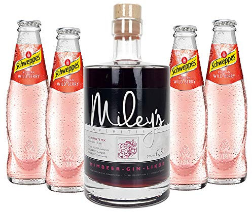 Individuelles Set mit Mileys Himbeer Wild Berry Set - Mileys Himbeer-Gin-Likör 0,5l (20% Vol) + 4x Schweppes Russian Wild Berry 200ml- [Enthält Sulfite] - Inkl. Pfand MEHRWEG