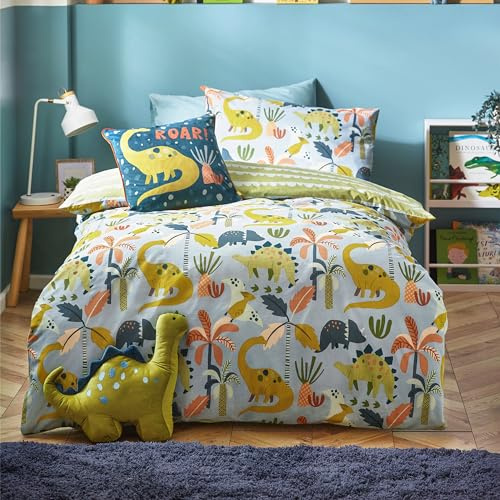 furn. Little Dinos Duvet Cover Set – Reversible Dinosaur Jungle Easy Care Childrens Bedding (Blue/Green – Toddler – 120x150cm)
