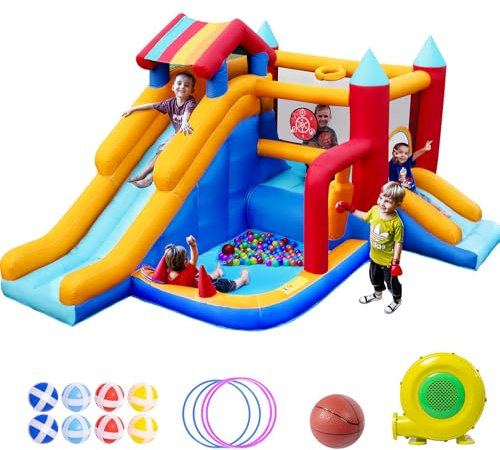 Chateau Gonflable Exterieur, FOOING Maison Gonflable 9 en 1 avec Soufflerie Air, Trampoline pour Enfant, Toboggan, Panier Basket, Coussin Gonflable, Intérieur Maison Gonflable pour Fêe Anniversaire