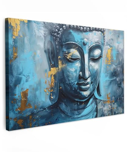 MuchoWow© Leinwand Bilder Groß 120x80 cm XXL Wanddeko Wohnzimmer Aesthetic Room Decor Deko Zimmer Wandbilder Modern Bild auf Leinwand Buddha - Zen - Blau - Gold - Luxus - Kunst