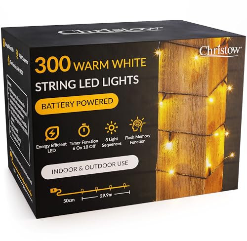 CHRISTOW Christmas Fairy Lights Battery Operated, Warm White LED String Lighting with Timer, Indoor & Outdoor, 8 Light Modes Flashing & Static, Green Cable (300 LED / 30m Lit Length)