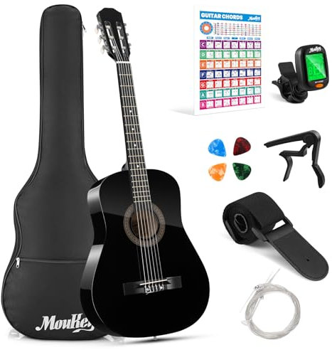 Moukey Chitarra acustica da 96,5 cm, per principianti, bambini, ragazzi, adulti, kit per chitarra dreadnought Acustica con poster, custodia, accordatore, plettri, corde in nylon, capotasto, tracolla