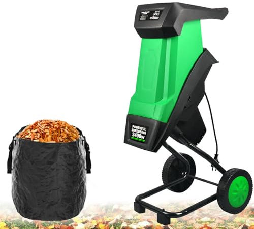 Electric Branch Chipper, 2400W Leaf Mulcher Shredder, with 50L Collection Bag, Wheels and Safety Locking Knob, 1.6-inch Cutting Diameter, for Leaves, Grass, Clippings, Sticks