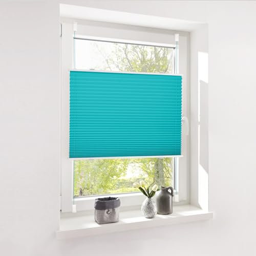 Deswell Plissee ohne Bohren Klemmfix Türkis B85 x H120cm Plisseerollo Blickdicht Sichtschutz Sonnenschutz Jalousien Easyfix Plissees Lichtdurchlässig Rollo für Fenster & Tür