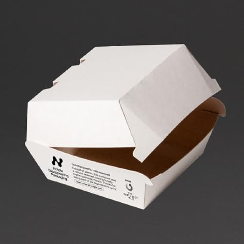 Notpla Clamshell Burger White (Pack 200) | Grease-resistant barrier prevents messy leaks while serving hot, fast food at busy catering and takeaway events.