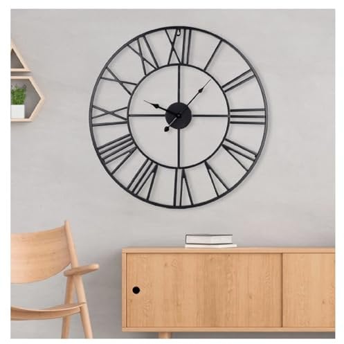 JF HOME BLISS Vintage Large Wall Clock Round Nearly Silent Non Ticking Metal Roman Numeral Decor Clock Battery Lounge Clocks Wall for Living Room Bedroom Kitchen Decor (Black, 60cm)
