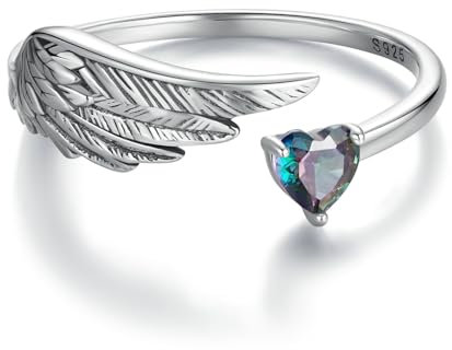 Kerraom Verlobungsring Feder Ring Silber 925 Damen Engel Flügel Ring Herz Zirkonia Verstellbarer Offener Ringe für Frauen Mädchen Damenring Echt Sterling Silber 925