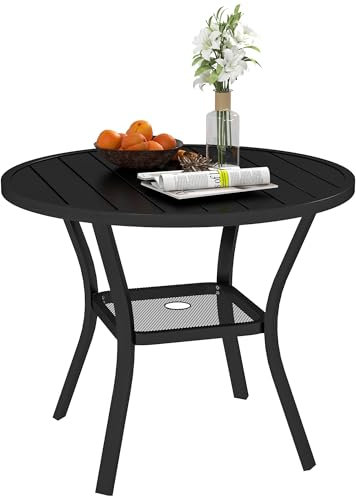 Outsunny Mesa de Jardín Exterior con Orificio para Sombrilla Mesa de Comedor Exterior Redonda con Encimera de Metal Estante Inferior y Estructura de Acero para Patio Terraza Ø90x73 cm Negro