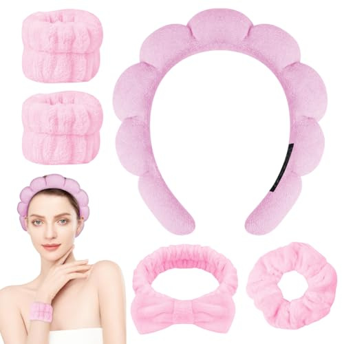 Alaoo Bandeau Spa pour Femme,5 Pièces Set Lavage de Visage Bandeaux pour Femmes,Serre-Tête Bracelet Lavage Visagee Set Pour Maquillage Facial SPA Douche,Bandes de Poignet Faciales en Flanelle,Rose